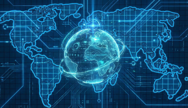 apa mundial digital azul que ilustra la "Nueva Batalla por el Hemisferio" y la competencia tecnológica estratégica de Occidente mencionada en el artículo Múnich 2026.